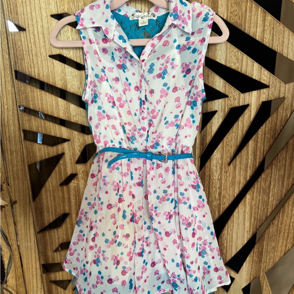 Knitworks White Floral Sleeveless Dress with Pink and Teal Accents